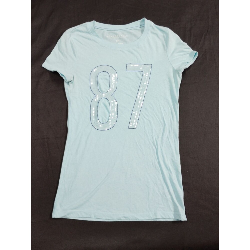 Vintage Aeropostale Light Blue with shiny sparkly Sequin '87' Short Sleeve Tee